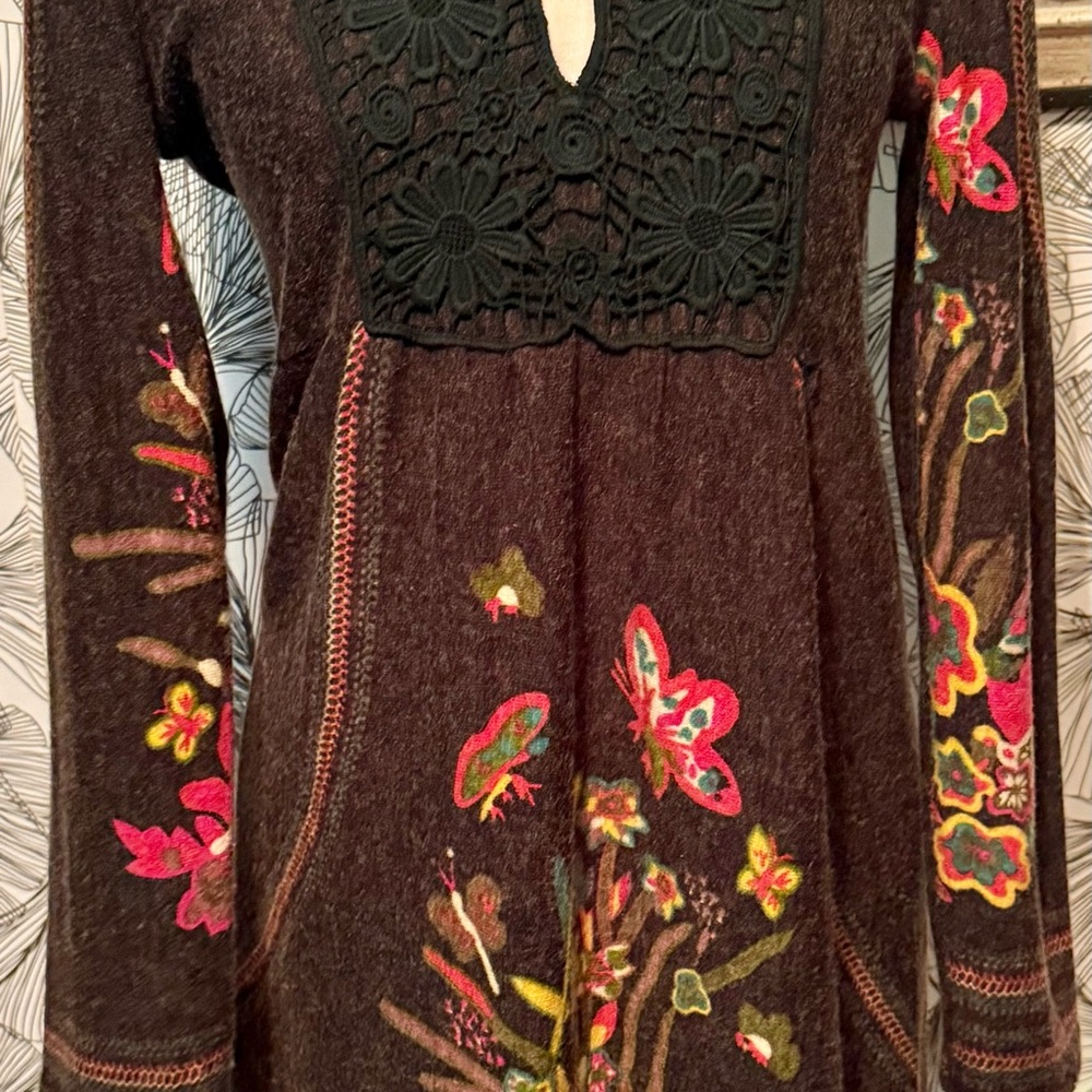 ARYEH Boho Artsy Floral Crochet Mixed Media Long Sleeve Dress, S-Large Pre-loved